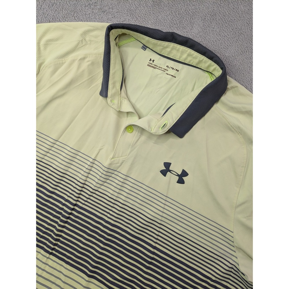 Under Armour Heatgear Mens XL Loose Fit Polo Shirt Yellow Stripe Short Sleeve